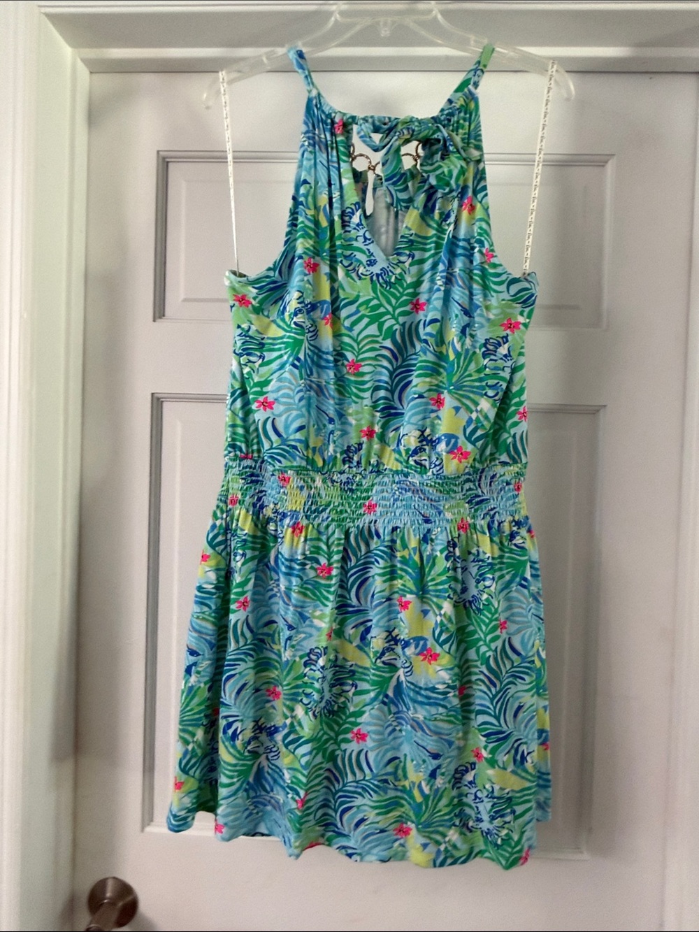 Lilly Pulitzer Blue Tropical Print women’s Romper dress with Green/Pink Accents